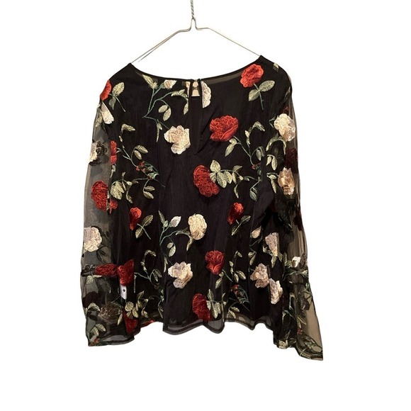 Dalia Blouse Top Women's Black Floral Sheer Flutter Long Sleeve Round Neck - Picture 2 of 4